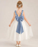 Dusty Blue Tulle A-Line Flower Girl Dresses Back View