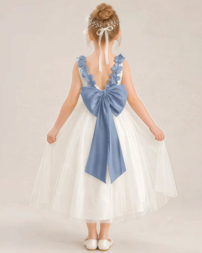 Dideyttawl Tulle Flower Girl Dress with 3D Flower Straps and Back Bow