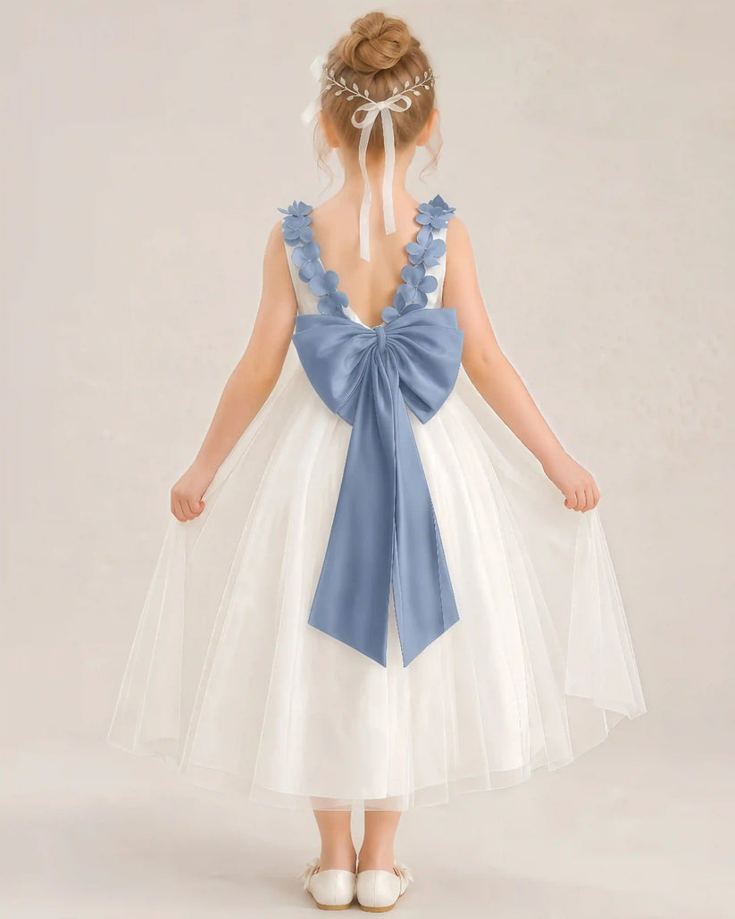 Dusty Blue Tulle A-Line Flower Girl Dresses Back View