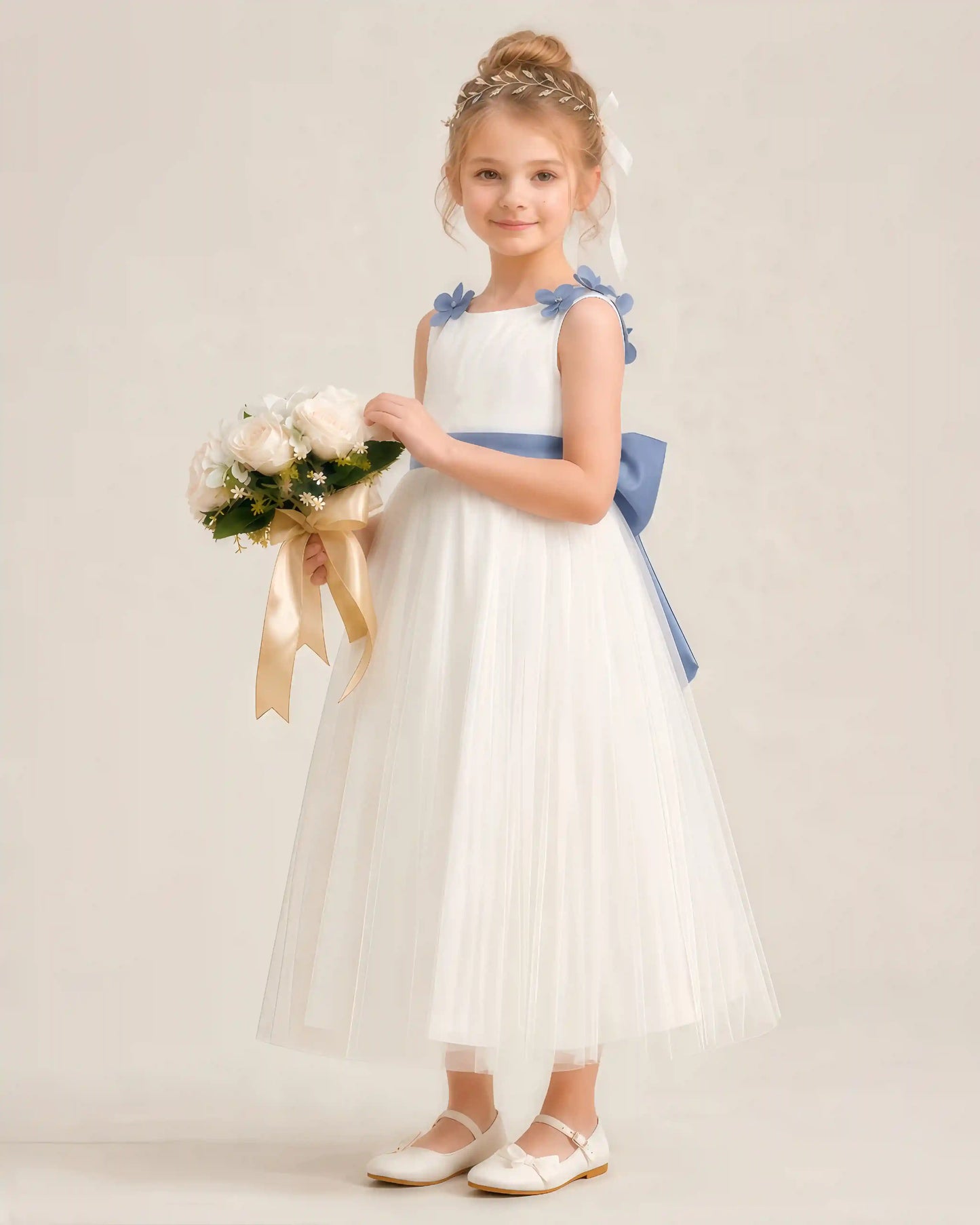Dideyttawl Tulle Flower Girl Dress with 3D Flower Straps and Back Bow