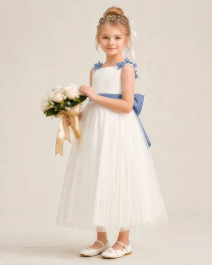 Dideyttawl Tulle Flower Girl Dress with 3D Flower Straps and Back Bow