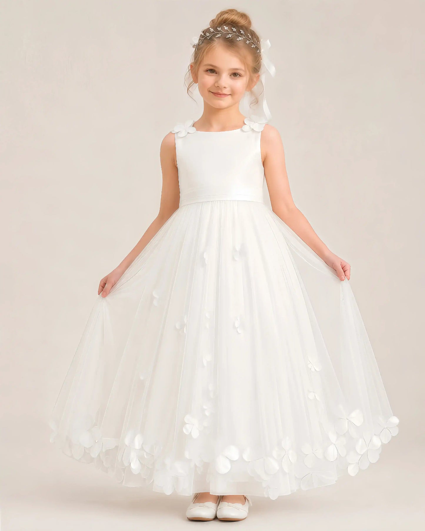 Dideyttawl Tulle Flower Girl Dress with 3D Flower Straps and Back Bow