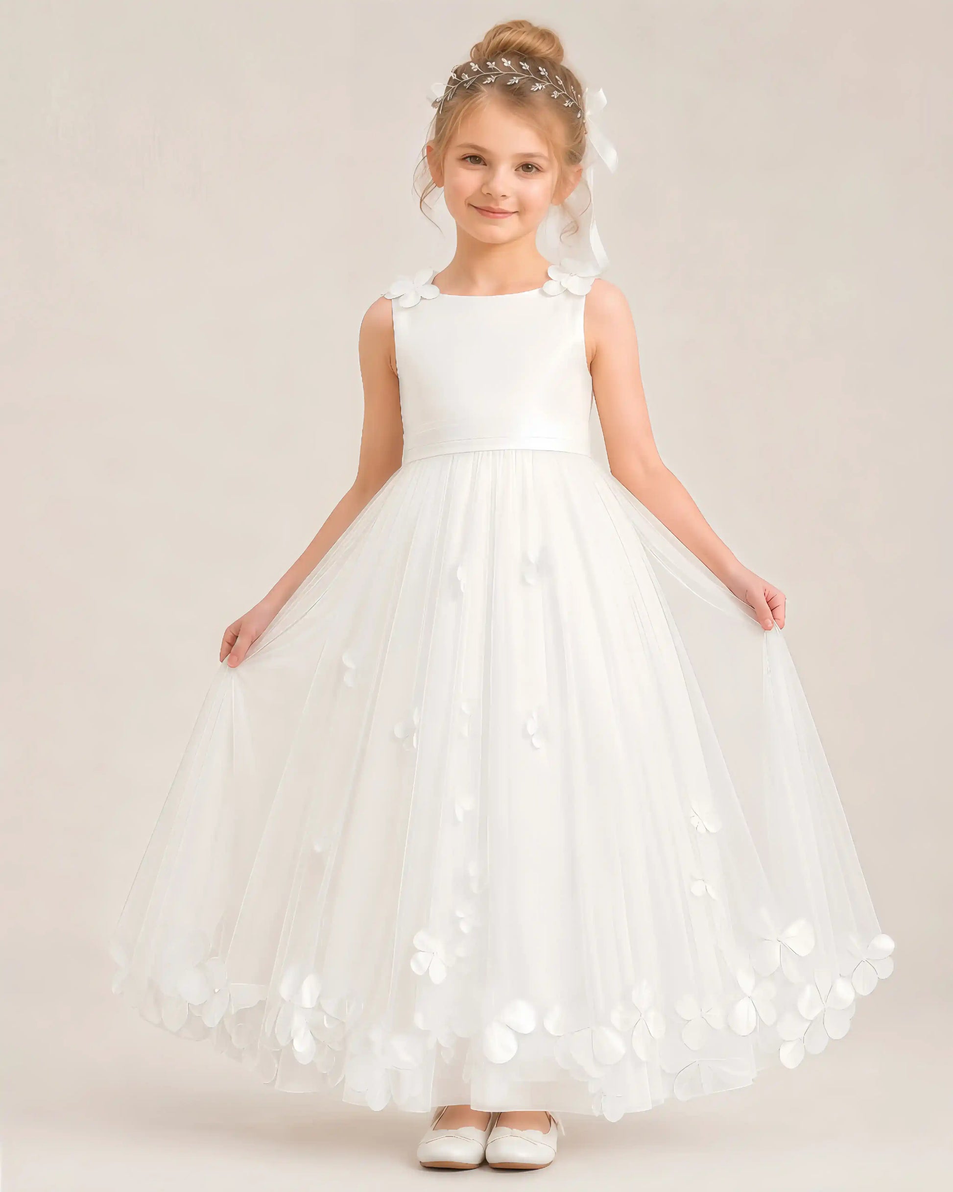 Ivory Tulle A-Line Flower Girl Dresses Front View
