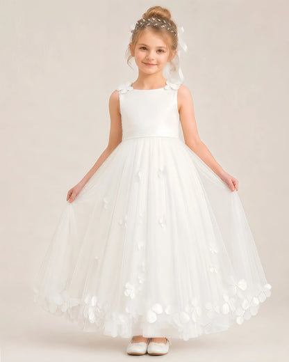 Dideyttawl Tulle Flower Girl Dress with 3D Flower Straps and Back Bow