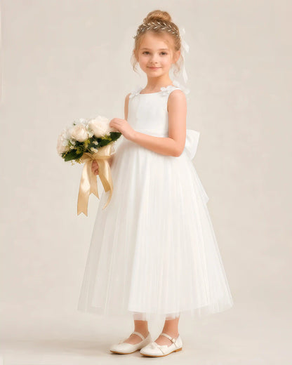 Dideyttawl Tulle Flower Girl Dress with 3D Flower Straps and Back Bow