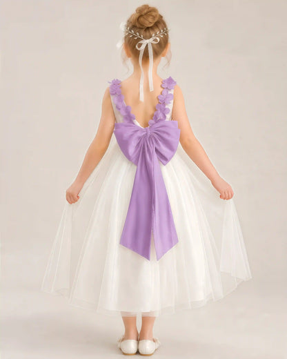 Dideyttawl Tulle Flower Girl Dress with 3D Flower Straps and Back Bow