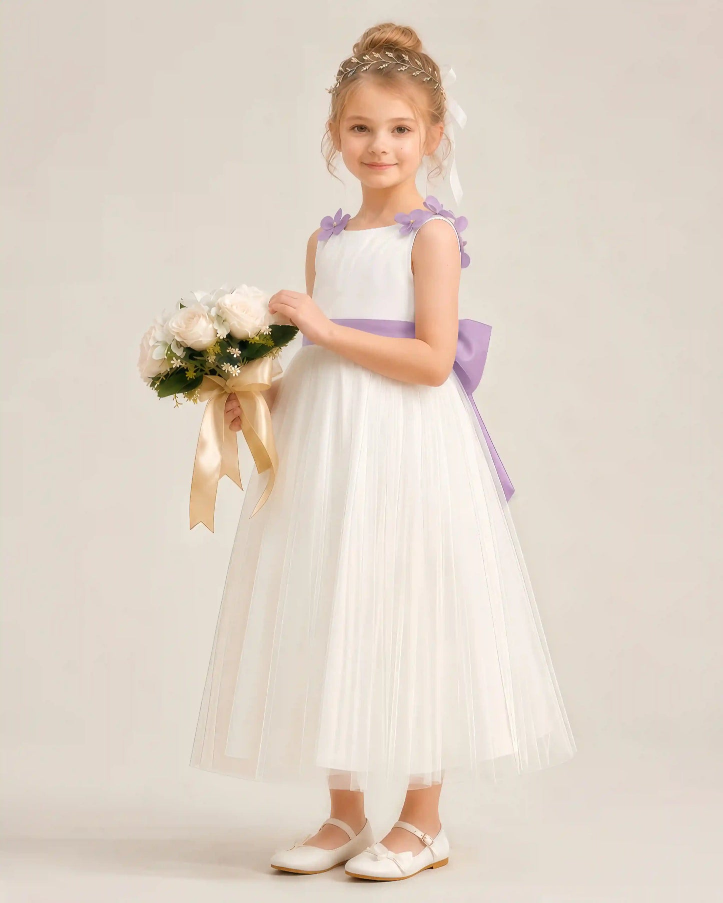Dideyttawl Tulle Flower Girl Dress with 3D Flower Straps and Back Bow