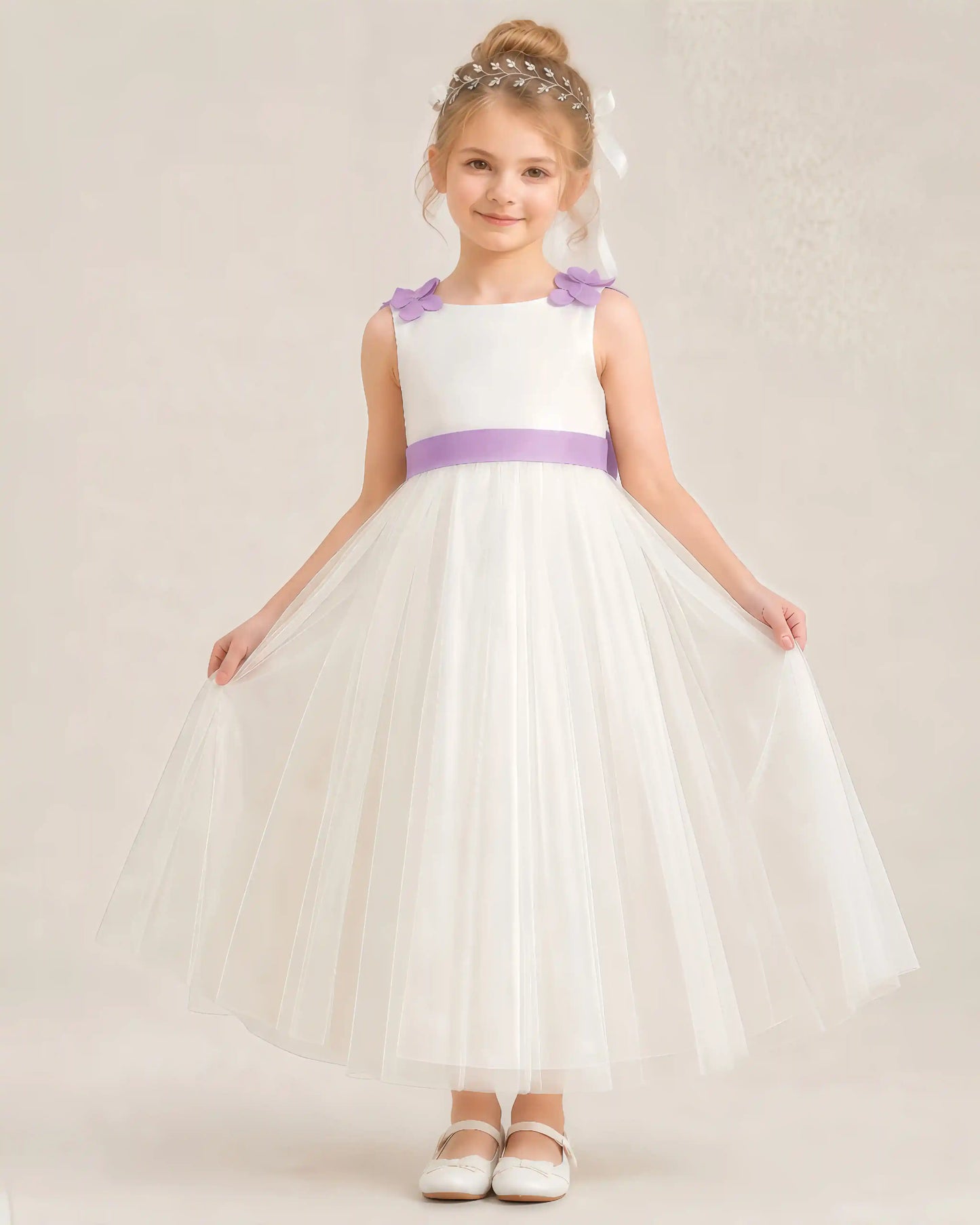 Dideyttawl Tulle Flower Girl Dress with 3D Flower Straps and Back Bow