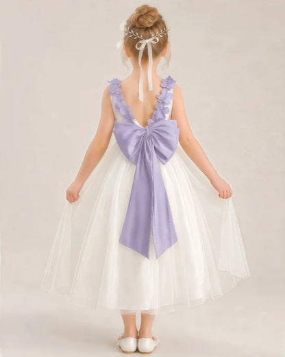 Dideyttawl Tulle Flower Girl Dress with 3D Flower Straps and Back Bow