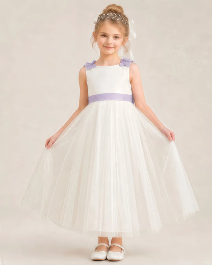Dideyttawl Tulle Flower Girl Dress with 3D Flower Straps and Back Bow