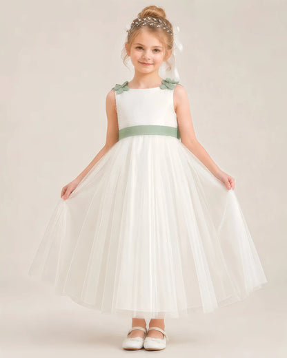 Dideyttawl Tulle Flower Girl Dress with 3D Flower Straps and Back Bow