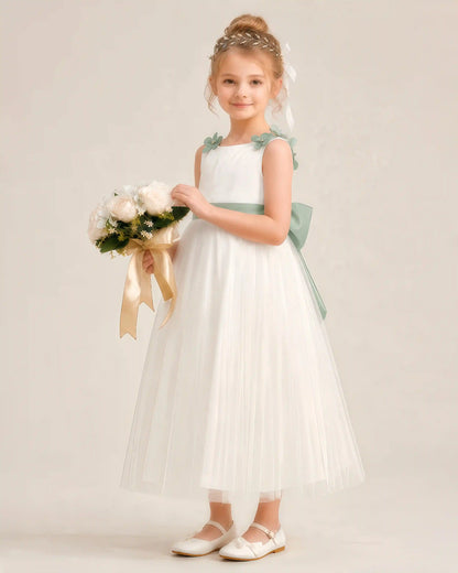 Dideyttawl Tulle Flower Girl Dress with 3D Flower Straps and Back Bow