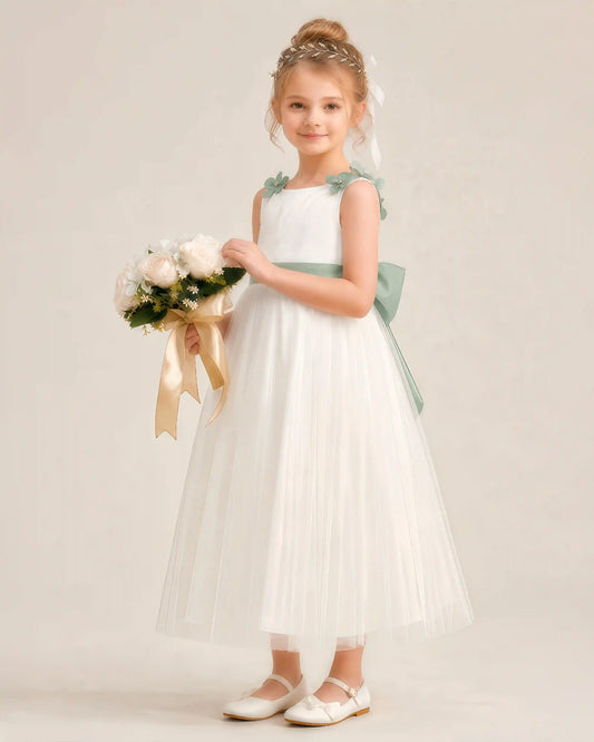 Dideyttawl Tulle Flower Girl Dress with 3D Flower Straps and Back Bow
