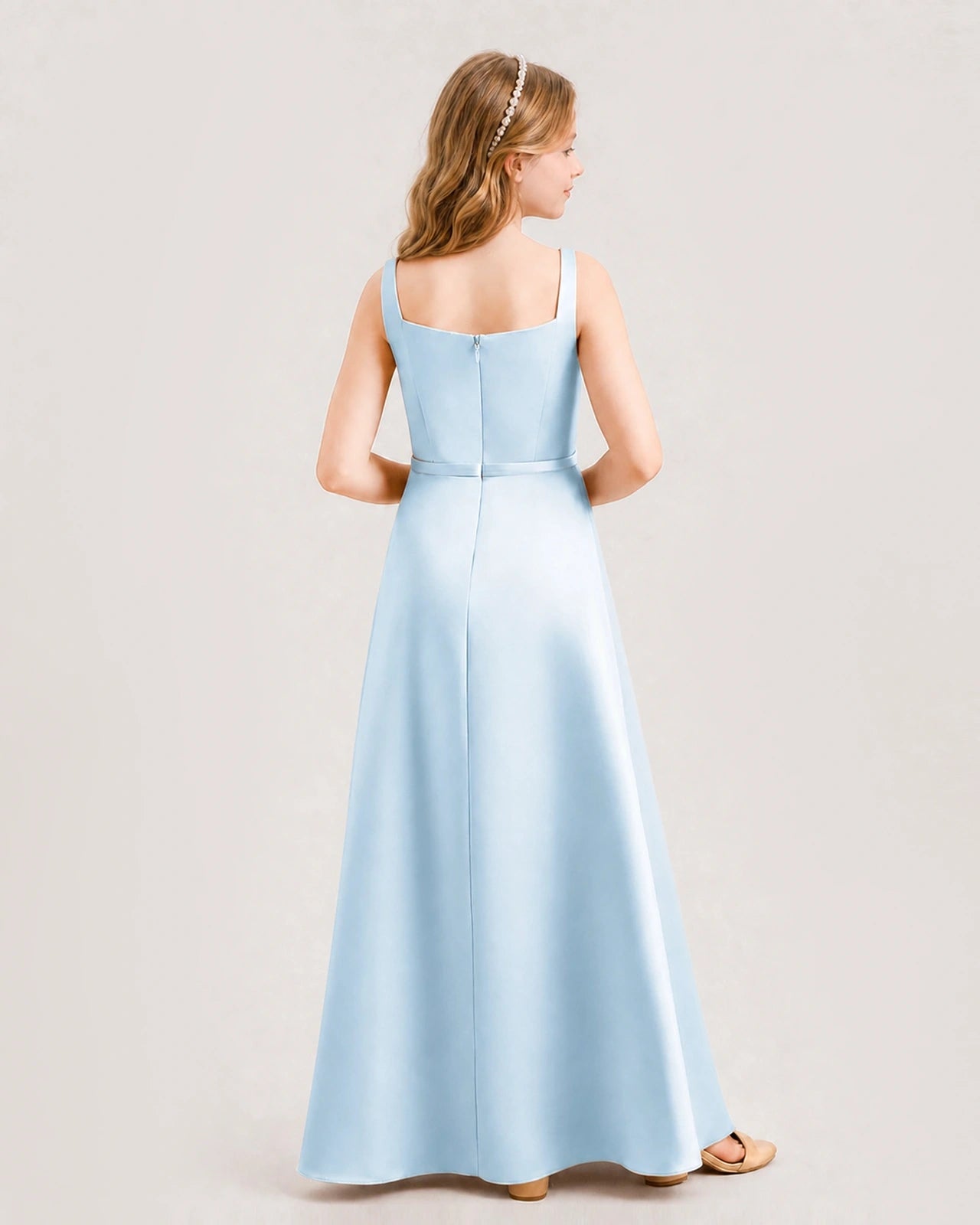 Baby Blue Satin A-Line Junior Bridesmaid Dresses Back View