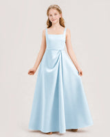 Baby Blue Satin Square Neck A-Line Junior Bridesmaid Dresses Front View