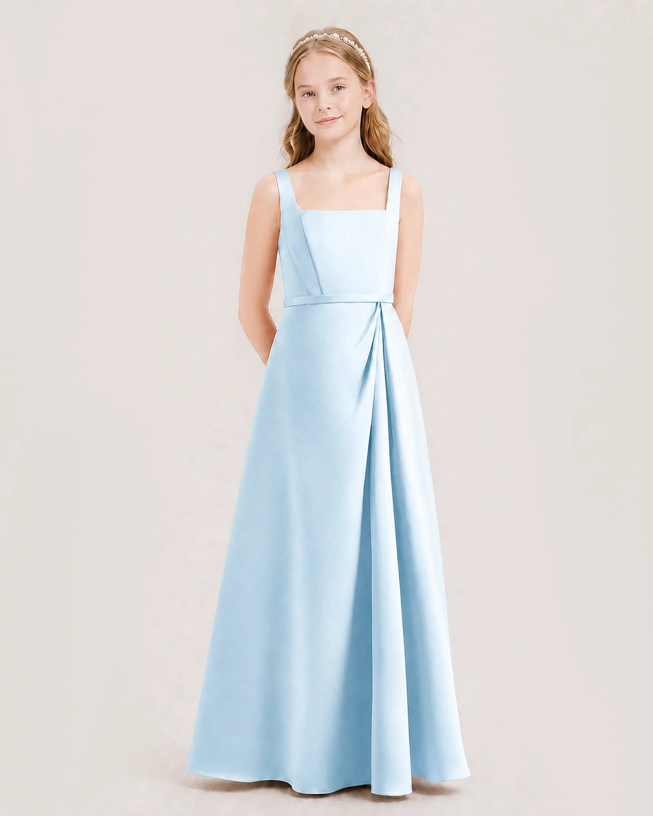 Baby Blue Satin A-Line Junior Bridesmaid Dresses Side View