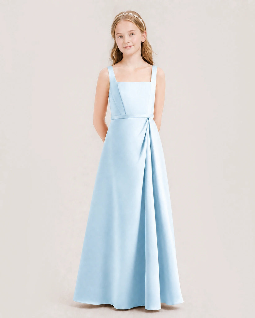 Baby Blue Satin A-Line Junior Bridesmaid Dresses Side View