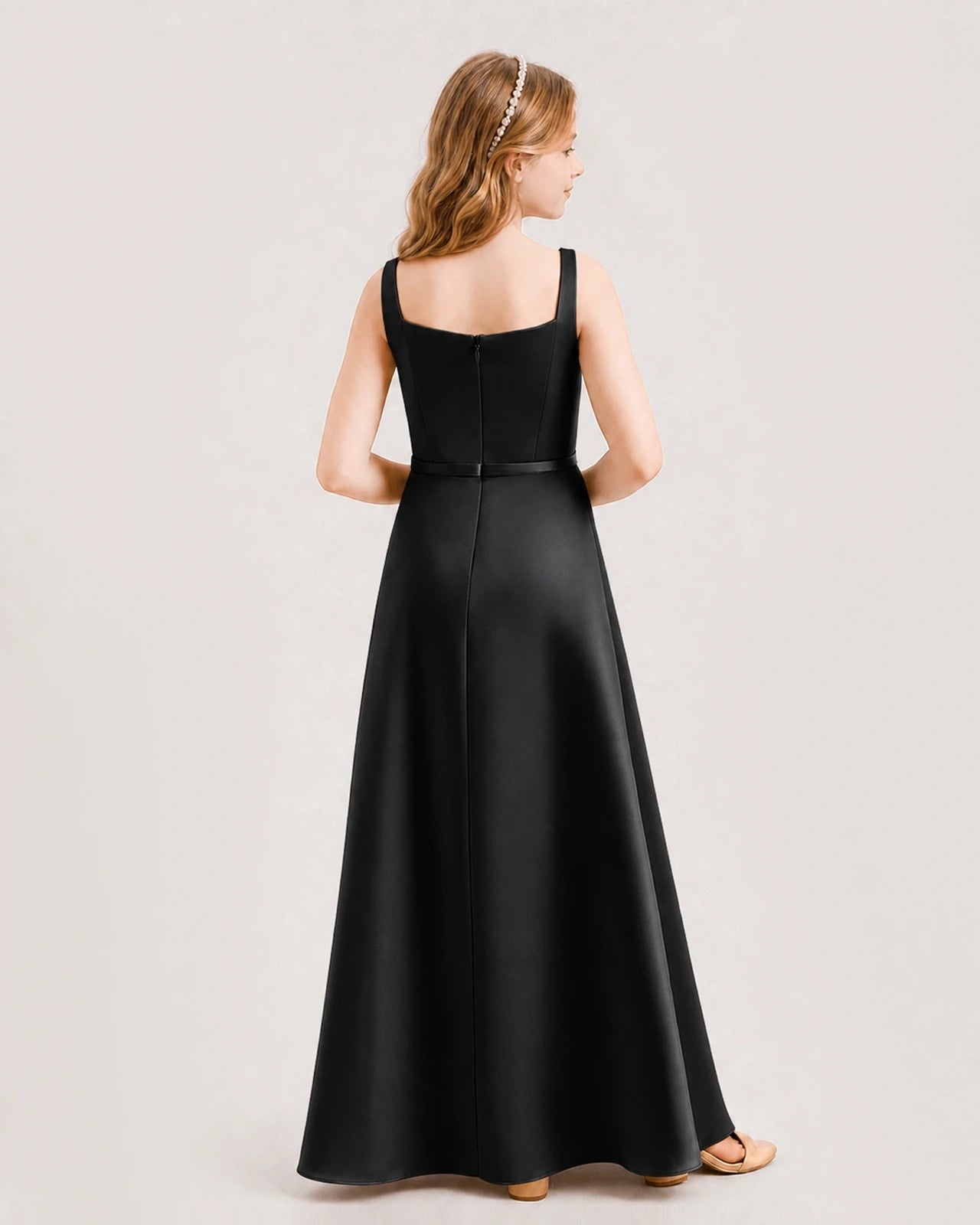 Black satin A-line junior bridesmaid dress, Back View