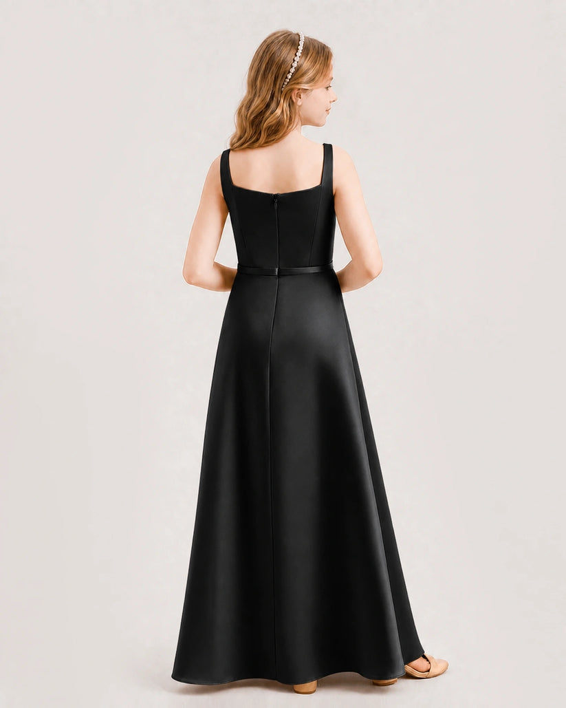Black satin A-line junior bridesmaid dress, Back View