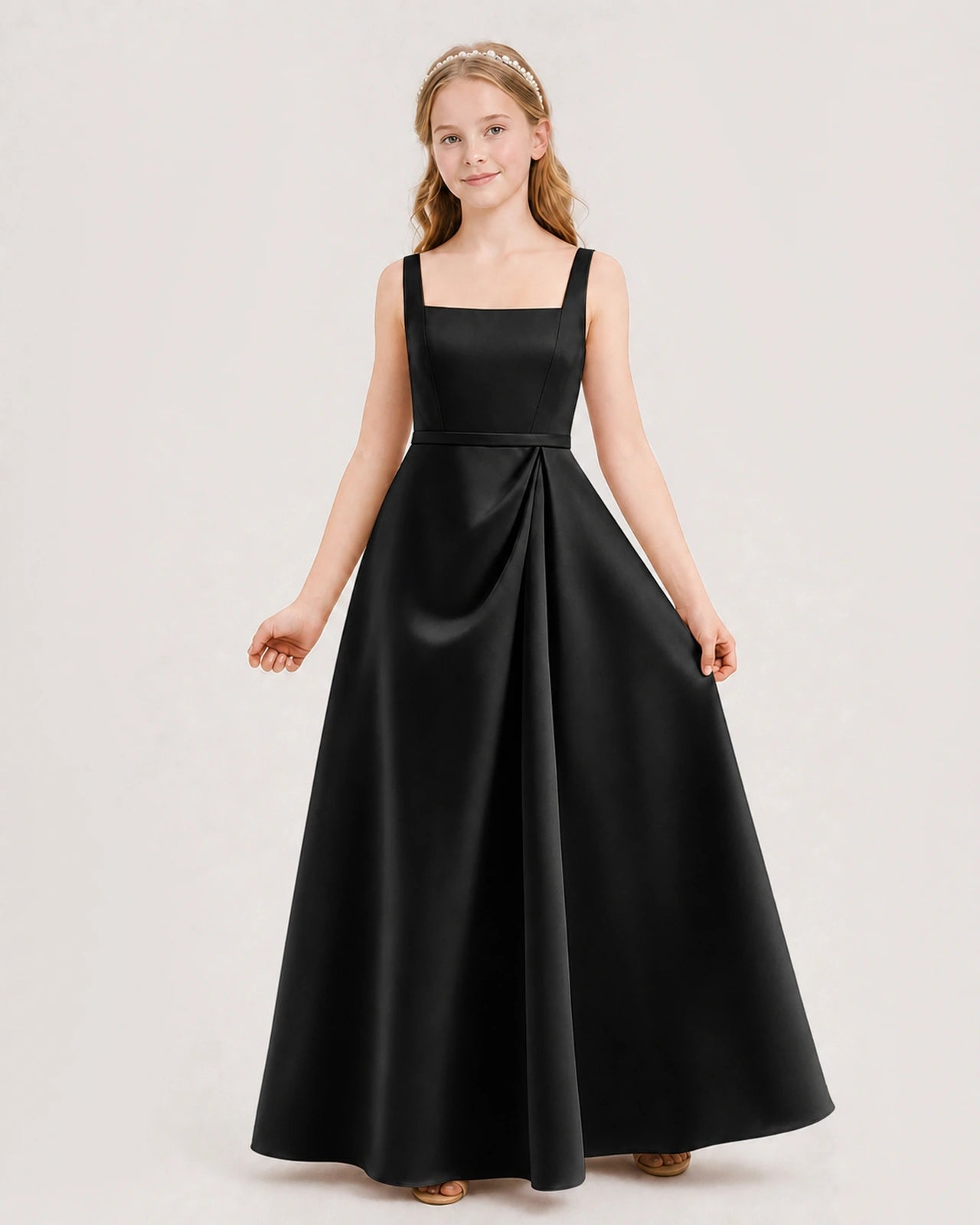 Black Satin Square Neck A-Line Junior Bridesmaid Dresses Front View