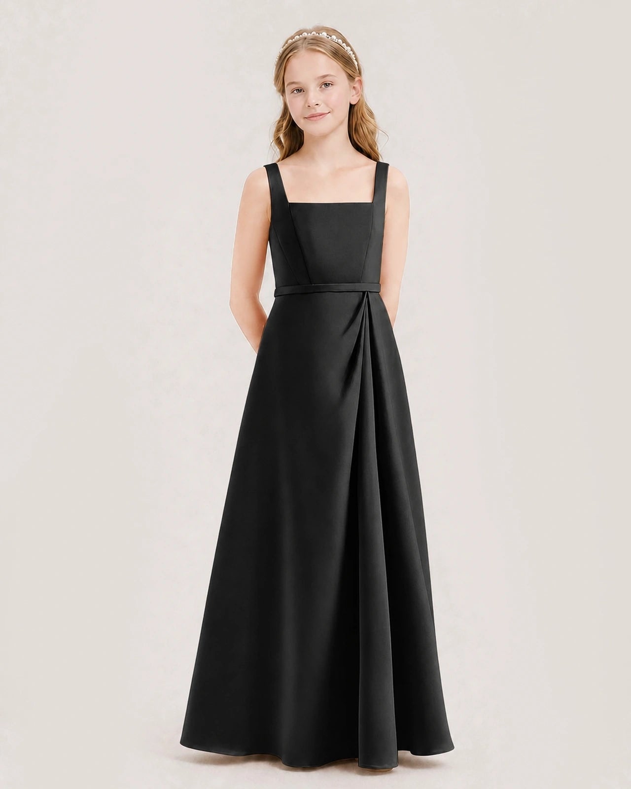 Black Satin Square Neck A-Line Junior Bridesmaid Dresses Side View