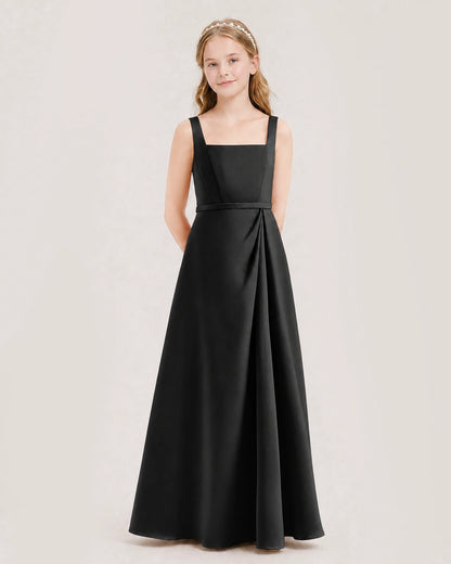 Black Satin Square Neck A-Line Junior Bridesmaid Dresses Side View