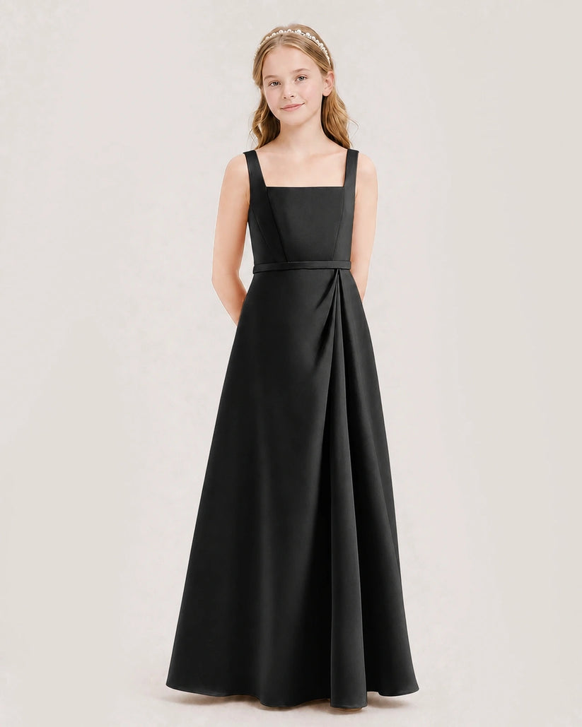 Black Satin Square Neck A-Line Junior Bridesmaid Dresses Side View