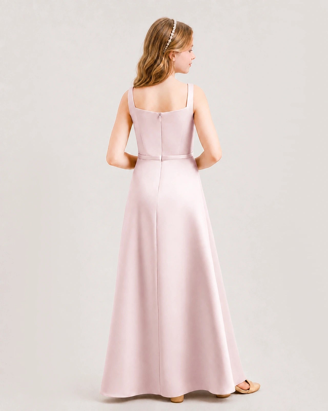 Blush Pink Satin Square Neck A-Line Junior Bridesmaid Dresses Back View