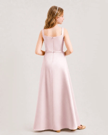 Blush Pink Satin Square Neck A-Line Junior Bridesmaid Dresses Back View