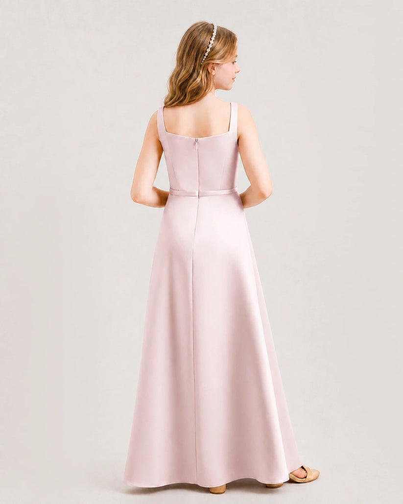 Blush Pink Satin Square Neck A-Line Junior Bridesmaid Dresses Back View