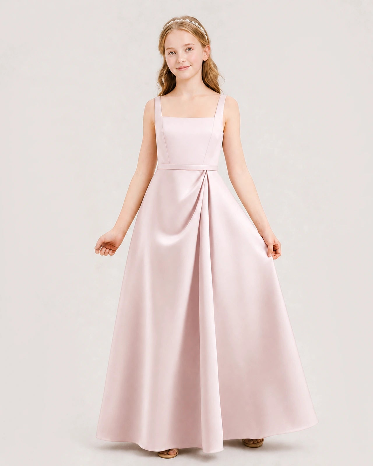 Blush Pink Satin Square Neck A-Line Junior Bridesmaid Dresses Front View