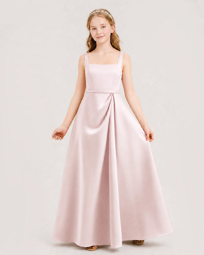 Blush Pink Satin Square Neck A-Line Junior Bridesmaid Dresses Front View
