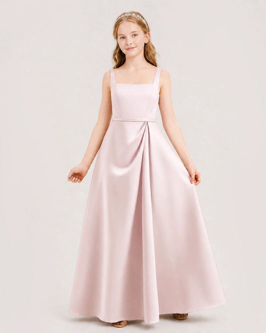 Blush Pink Satin Square Neck A-Line Junior Bridesmaid Dresses Front View