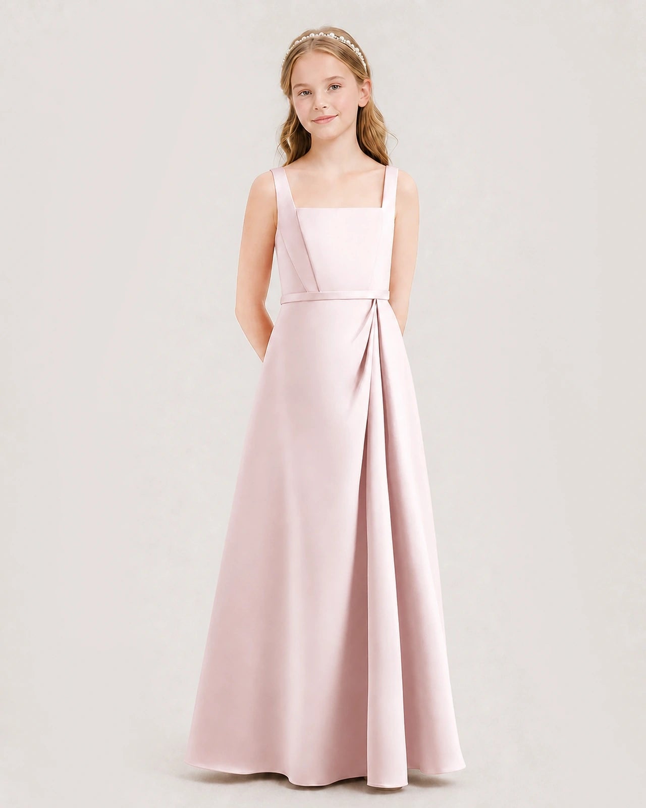 Blush Pink Satin Square Neckline A-Line Junior Bridesmaid Dresses Side View