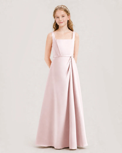Blush Pink Satin Square Neckline A-Line Junior Bridesmaid Dresses Side View