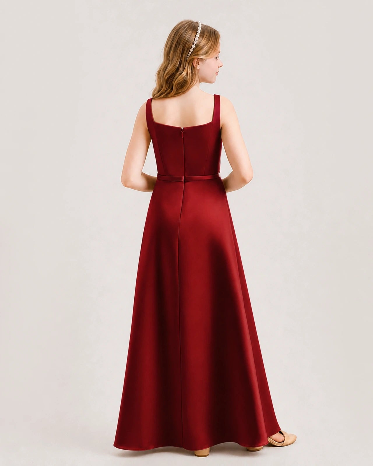 Burgundy satin square neckline junior bridesmaid dress, Back View