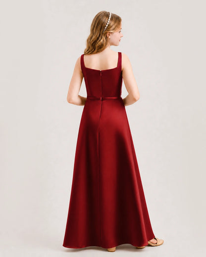 Burgundy satin square neckline junior bridesmaid dress, Back View