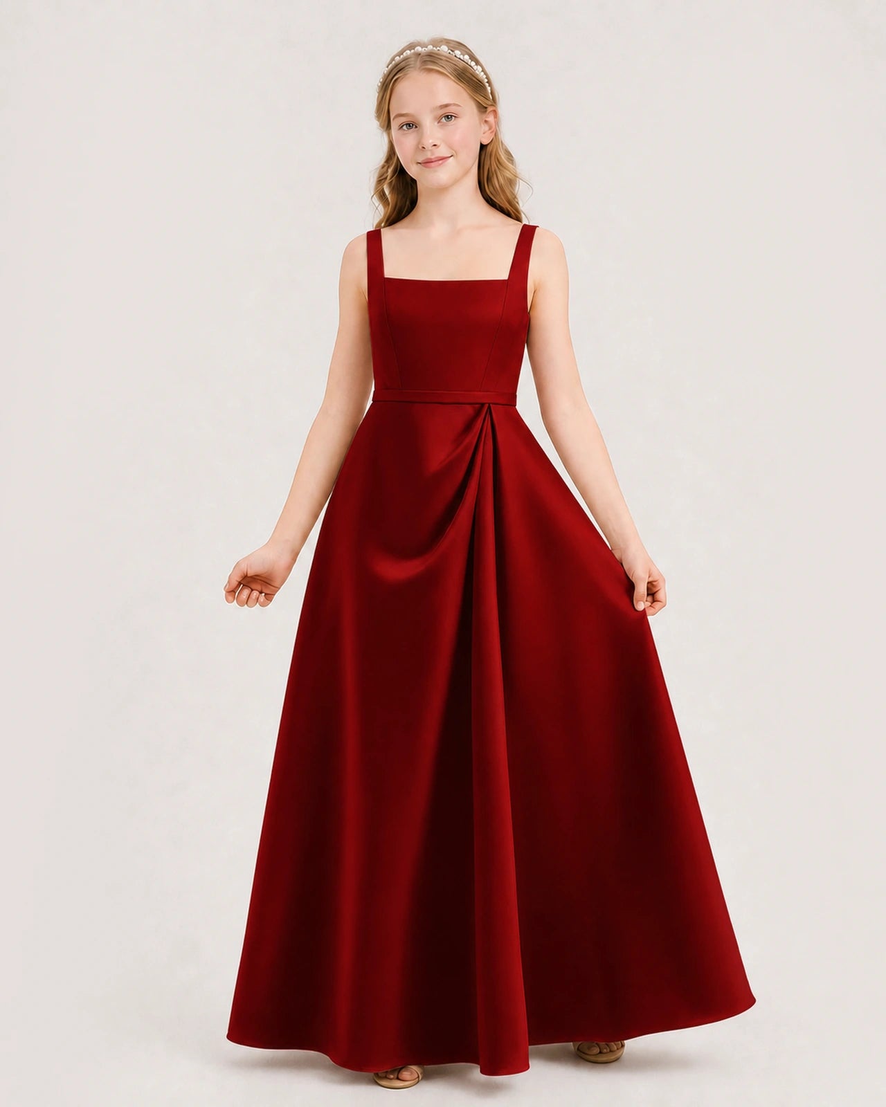 Burgundy Satin Square Neck A-Line Junior Bridesmaid Dresses Front View