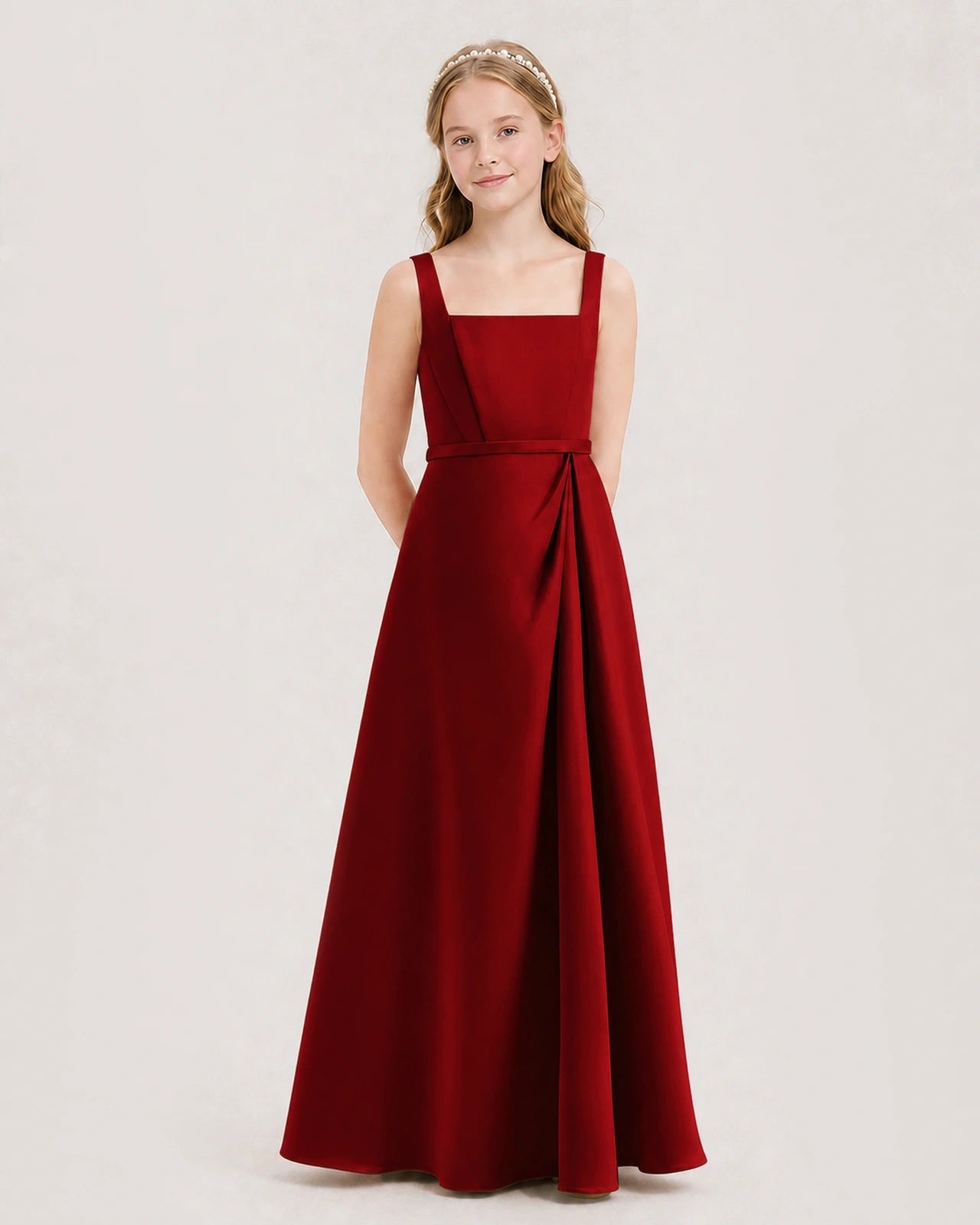 Burgundy Satin Pleated A-Line Junior Bridesmaid Dresses Side View