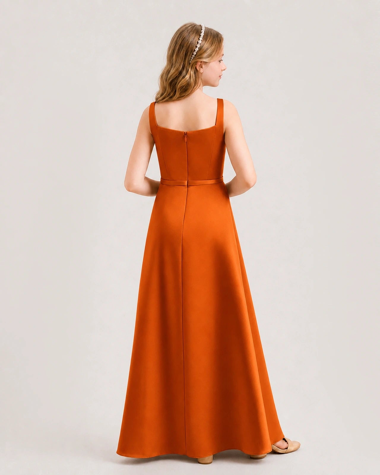 Burnt Orange Satin A-Line Junior Bridesmaid Dresses Back View