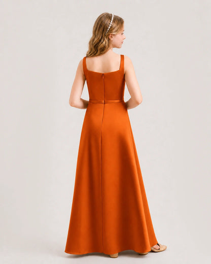 Burnt Orange Satin A-Line Junior Bridesmaid Dresses Back View