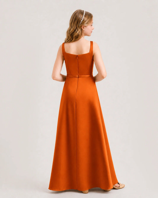 Burnt Orange Satin A-Line Junior Bridesmaid Dresses Back View