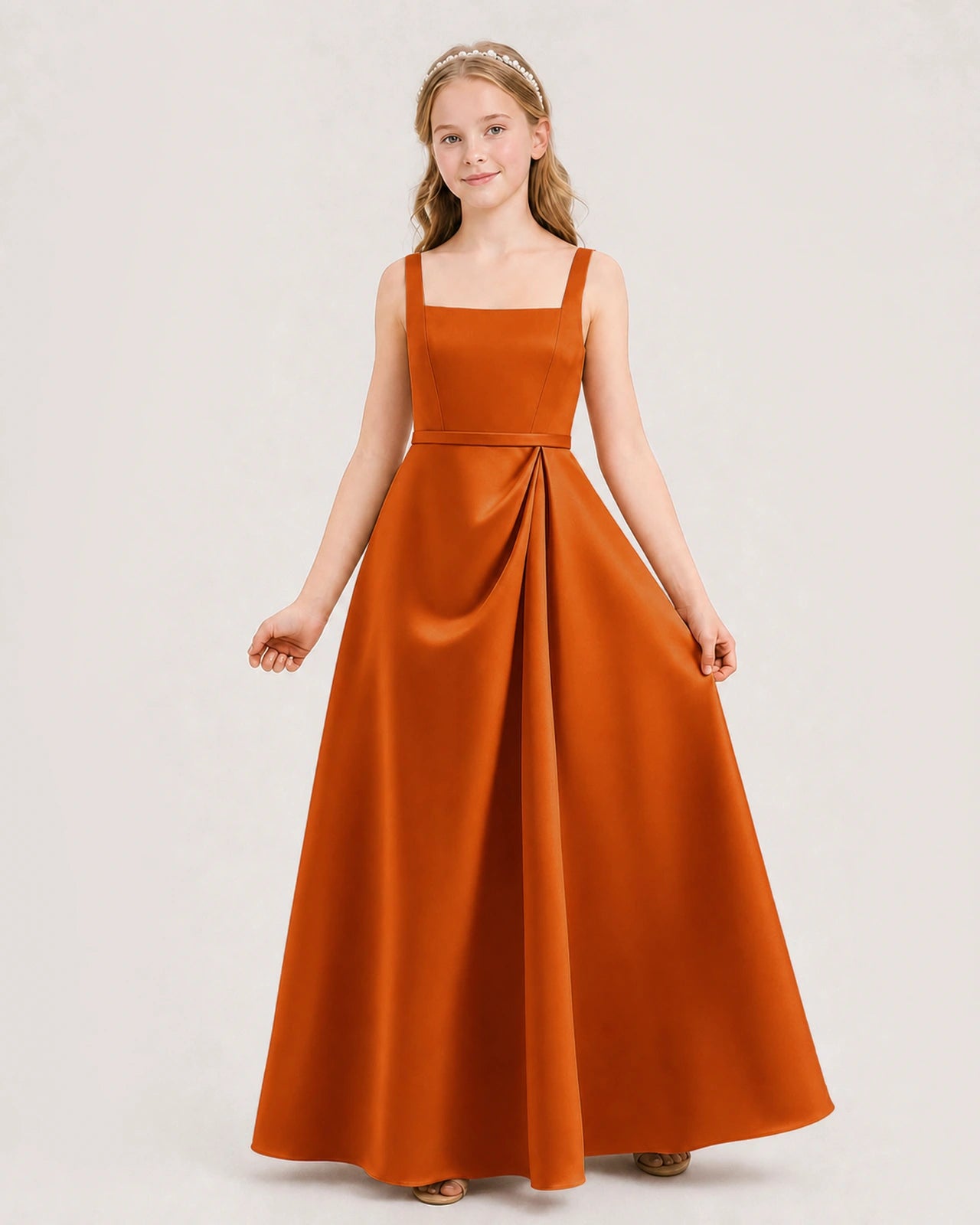 Burnt Orange Satin Pleated Junior Bridesmaid Dresses Front View