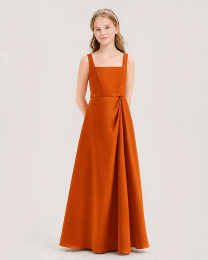 Burnt Orange Satin Square Neck A-Line Junior Bridesmaid Dresses Side View