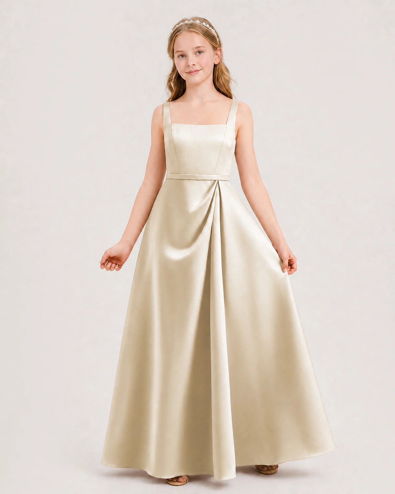 Champagne Satin Square Neckline A-Line Junior Bridesmaid Dresses Front View