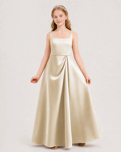 Champagne Satin Square Neckline A-Line Junior Bridesmaid Dresses Front View