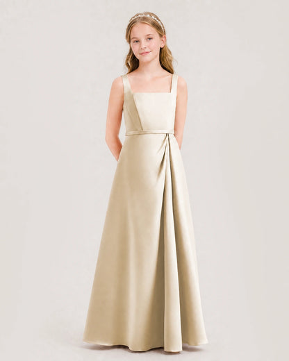 Champagne Satin Square Neckline A-Line Junior Bridesmaid Dresses Side View