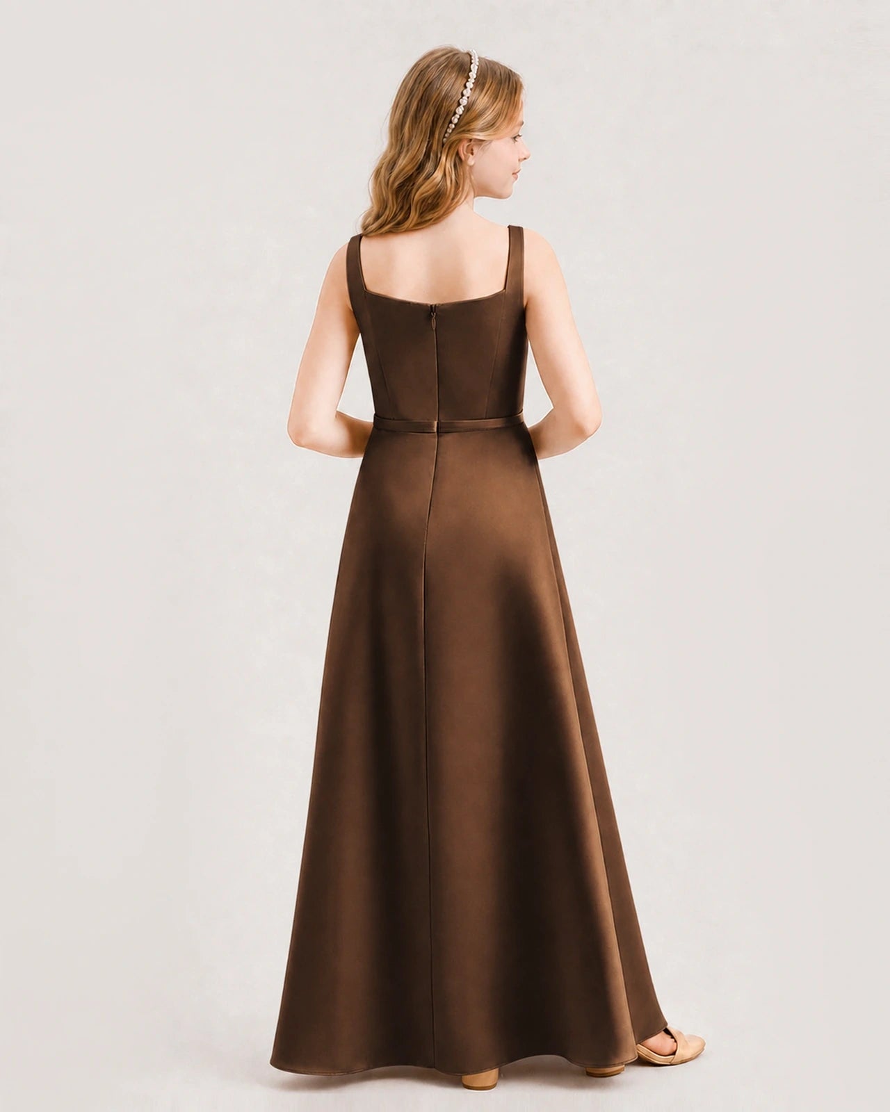 Chocolate Satin Square Neck A Line Junior Bridesmaid Dresses Back View