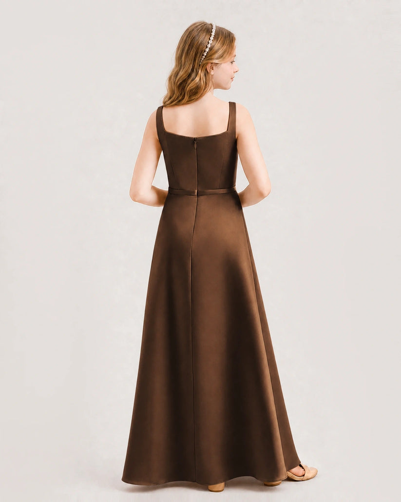 Chocolate Satin Square Neck A Line Junior Bridesmaid Dresses Back View