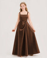 Chocolate Satin A-Line Junior Bridesmaid Dresses Front View